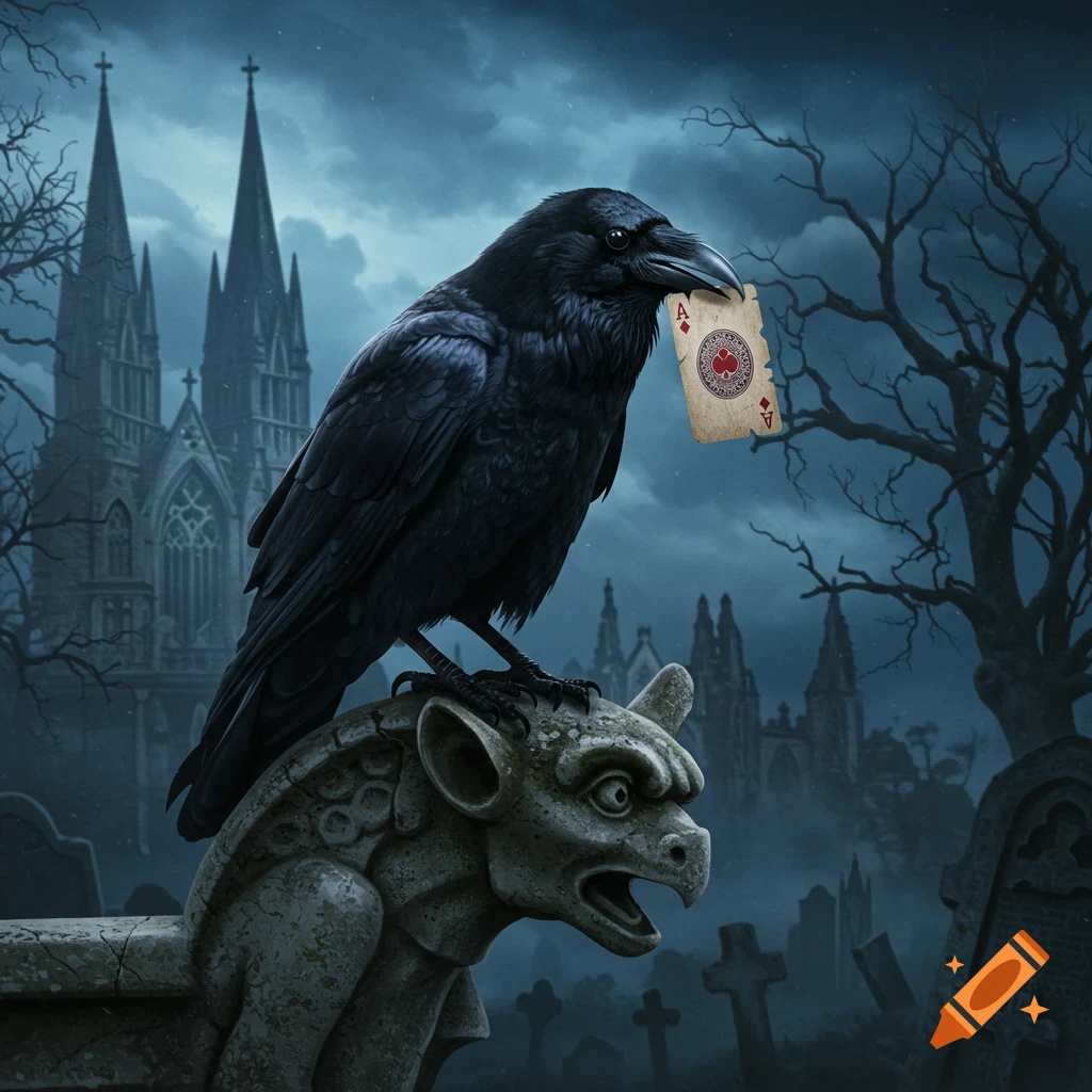 A black raven with an ace playing card in its beak perches on a gothic gargoyle, with a spooky church and cemetery in the background.