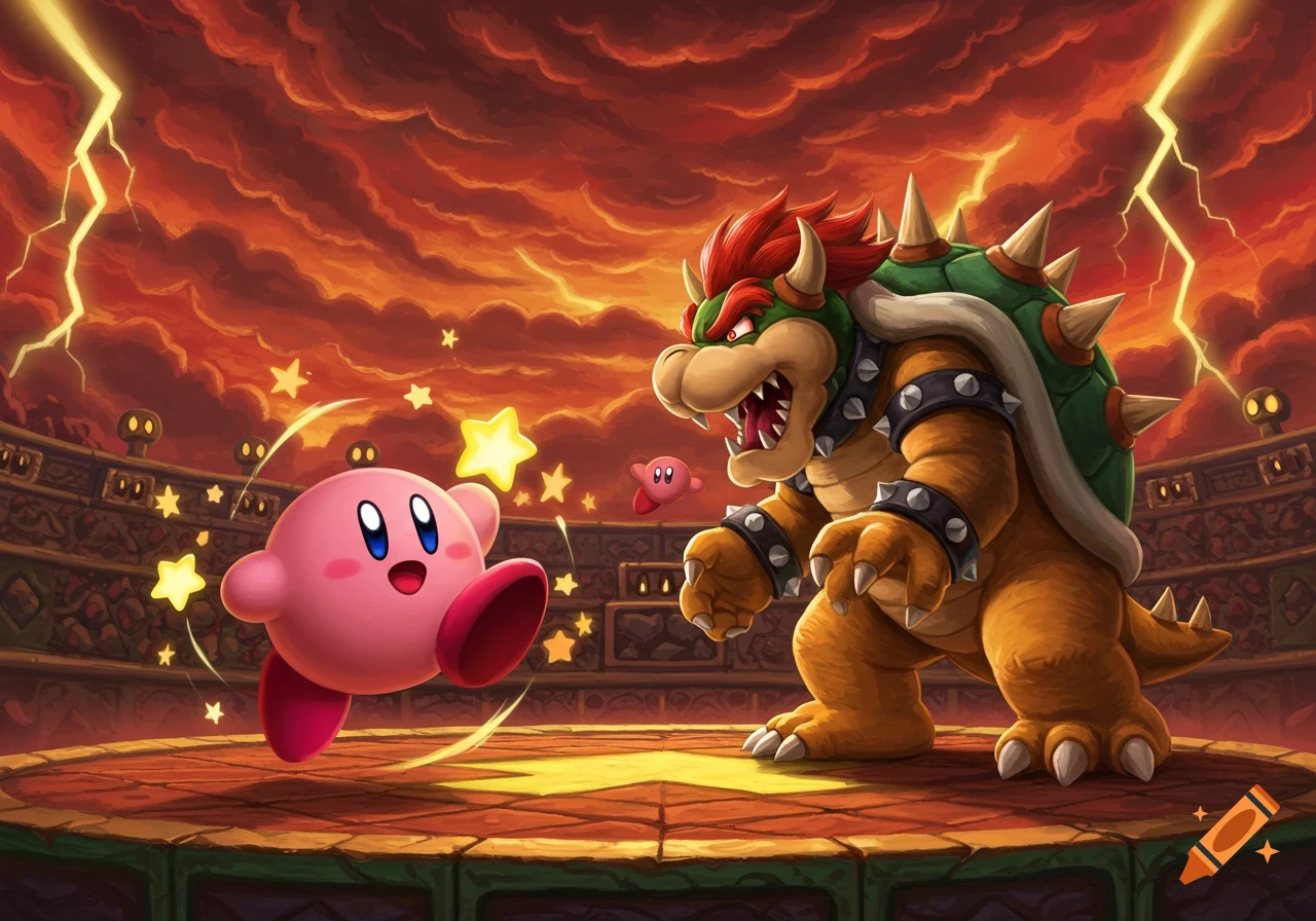 Kirby, glowing with stars, faces off against a roaring Bowser in a vibrant battle arena under a stormy, lightning-filled sky. Video game art.