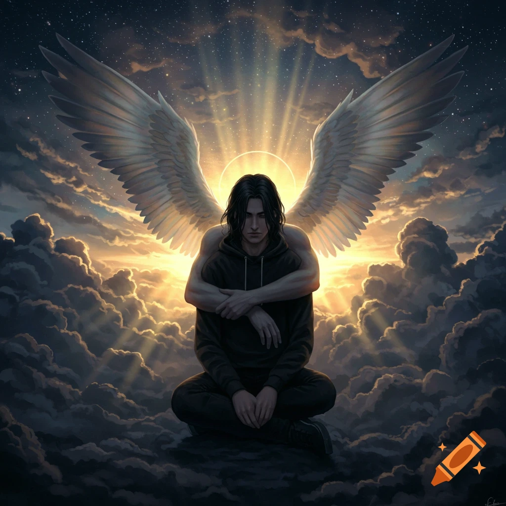 A young man with angel wings and a halo sits brooding in clouds, bathed in golden light from a sunset and starry sky. Digital art.