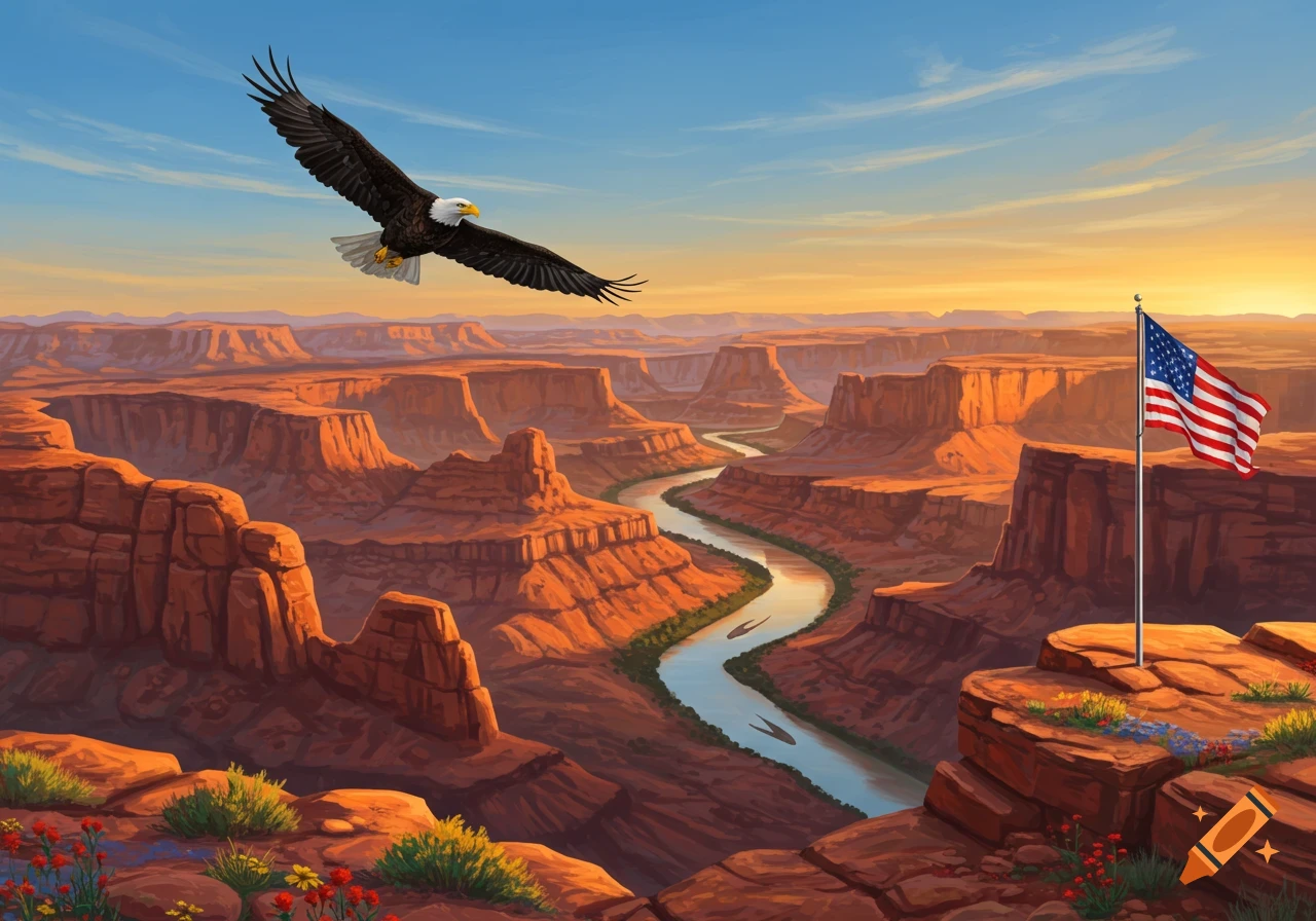 A majestic bald eagle soars over a vast desert canyon with a winding river and an American flag at sunset.
