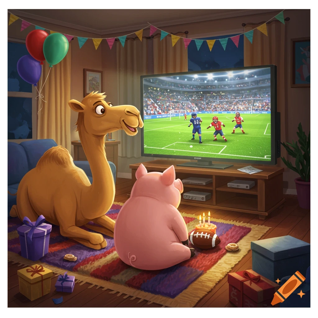 A cartoon camel and a pig watch a football game on TV in a decorated living room with balloons and presents, celebrating a birthday.