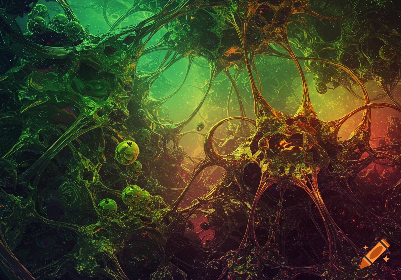 Abstract organic forms in vibrant green, yellow, and red, resembling intricate biological structures or neural networks.