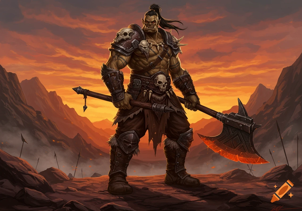 A powerful orc barbarian warrior, clad in skull armor, wields a large axe against a dramatic orange sky over a barren landscape.