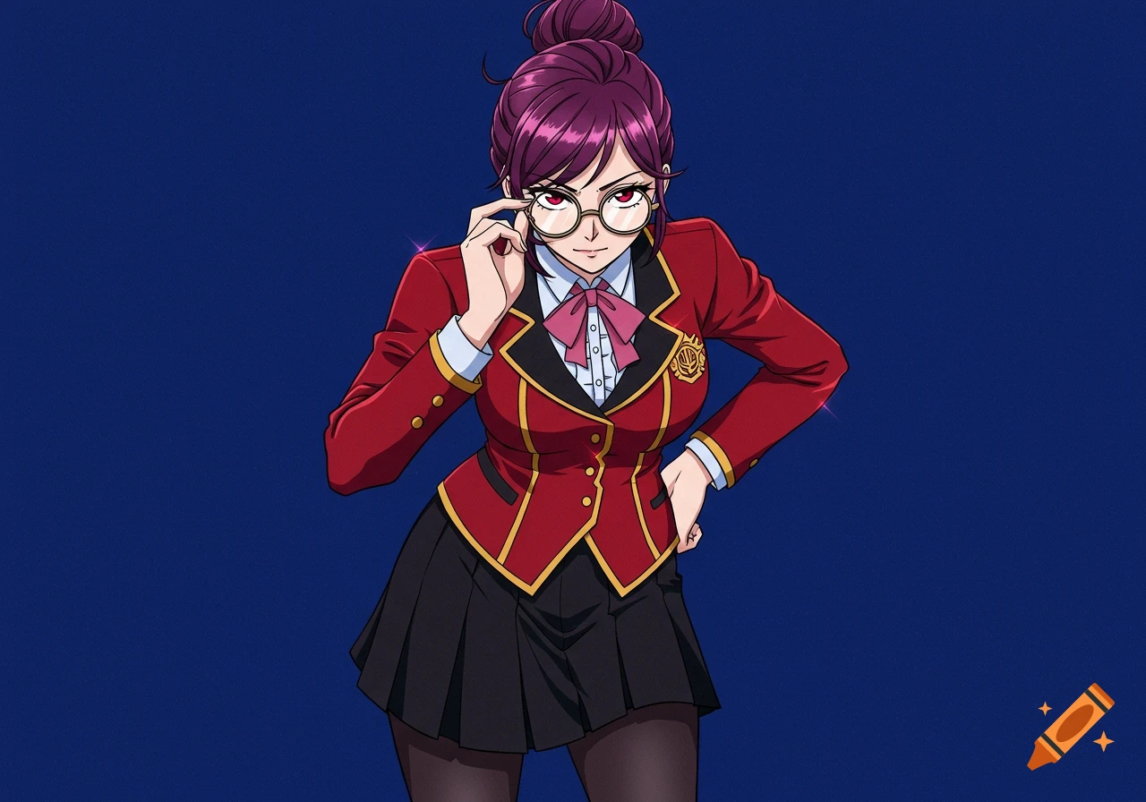An anime woman with dark pink hair in a bun, red eyes, and glasses, wearing a red and gold blazer, pink bowtie, black pleated skirt, and tights against a dark blue background.