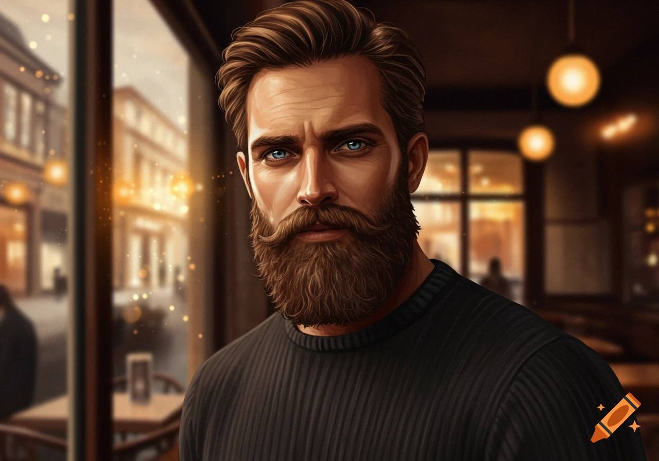 Stylized digital art portrait of a handsome bearded man with blue eyes, looking forward in a cafe.
