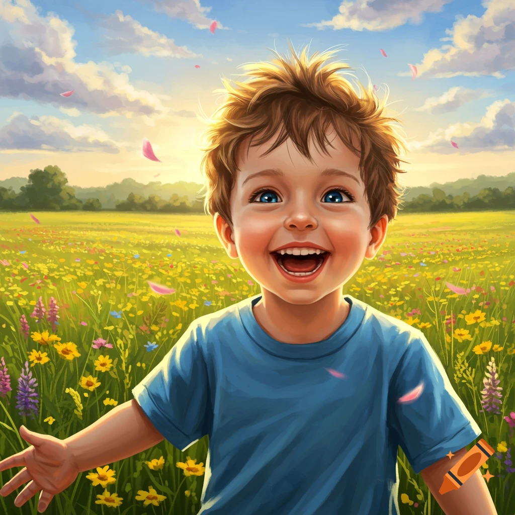 A happy boy with messy brown hair and blue eyes smiles in a sunny field of wildflowers with falling petals, in a vibrant painterly style.