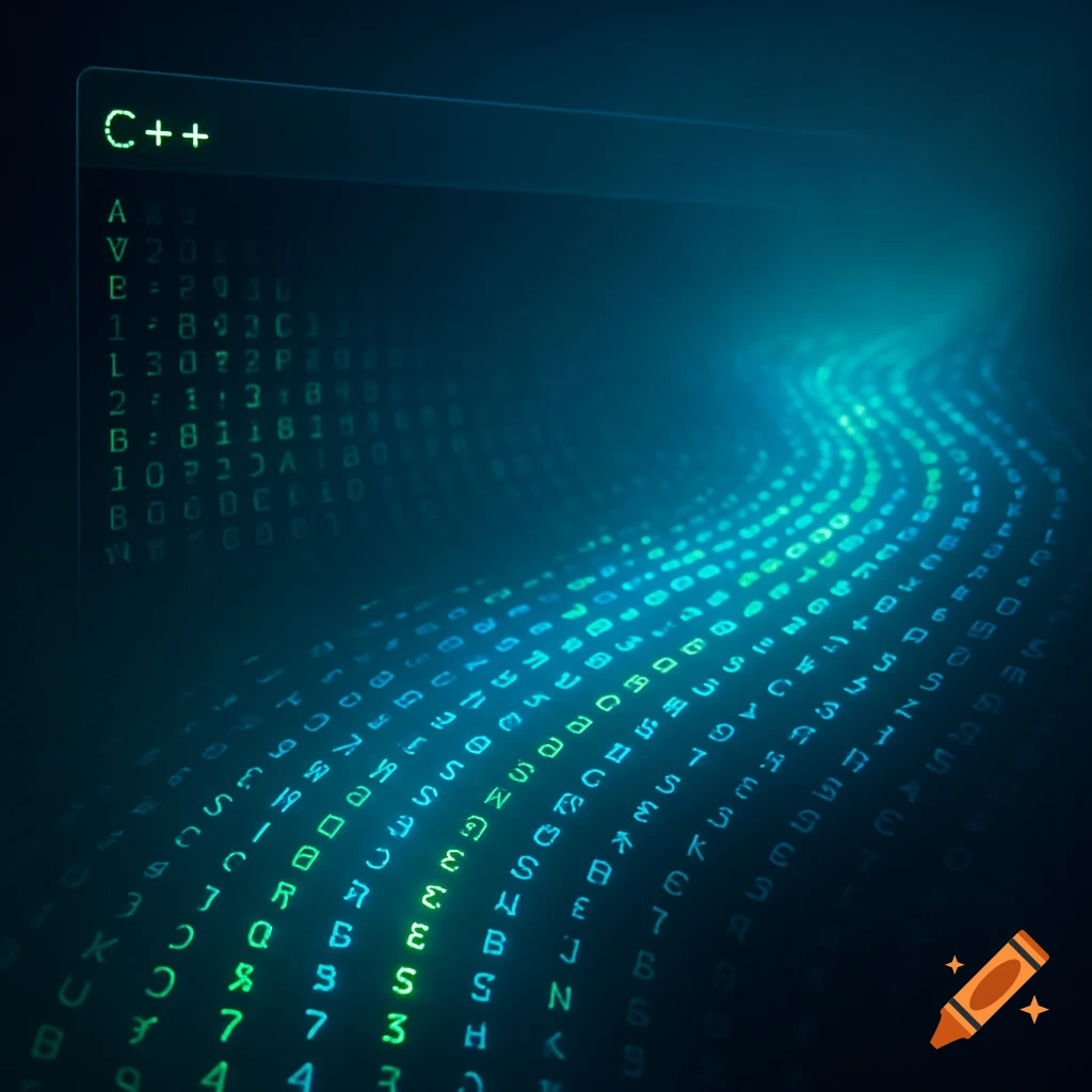 Digital screen displaying 'C++' title and a dynamic stream of glowing green and blue alphanumeric characters.
