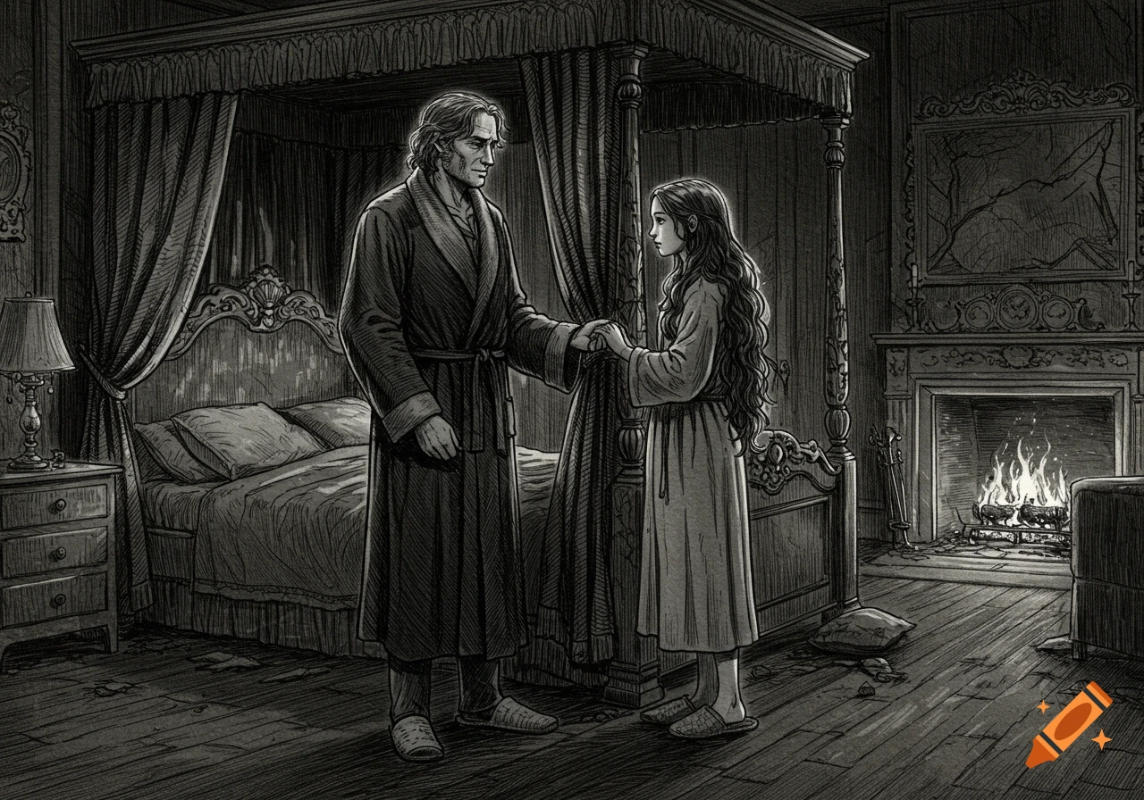 A black and white drawing of a Victorian man and woman in a damaged bedroom, holding hands by a four-poster bed and fireplace.