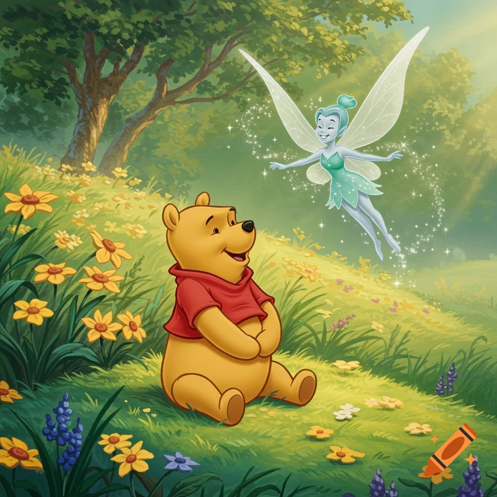 Winnie the Pooh sits in a sunny, flower-filled meadow, gazing up at a floating, glowing fairy, in a vibrant cartoon style.