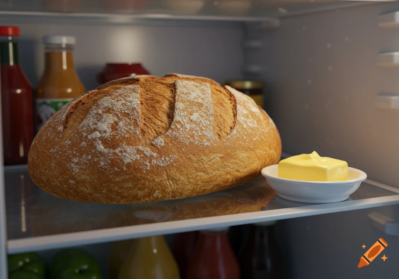 Photorealistic close-up of a rustic bread loaf and butter in a white dish on a fridge shelf.