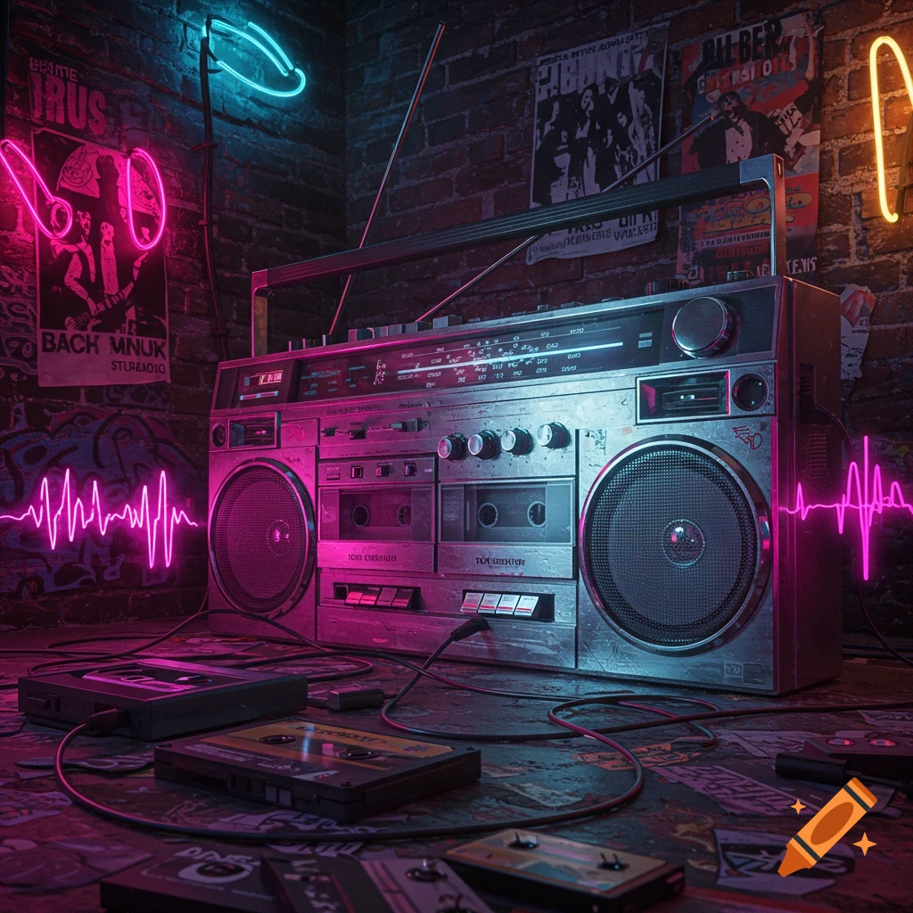A retro boombox with cassette tapes on a grungy floor, illuminated by neon pink and blue lights, against a brick wall.