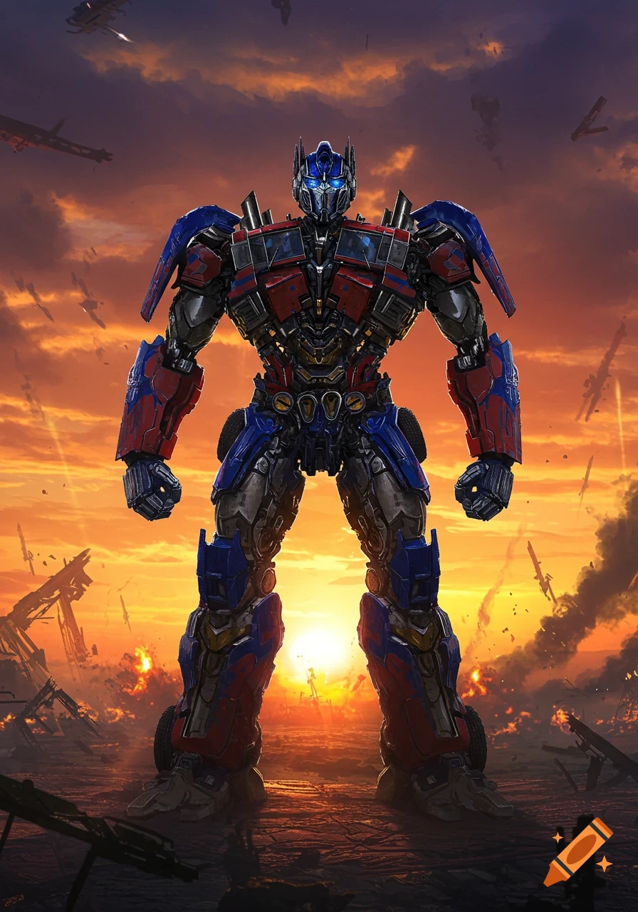 Optimus Prime stands on a war-torn landscape against an orange sunset with flying vehicles.