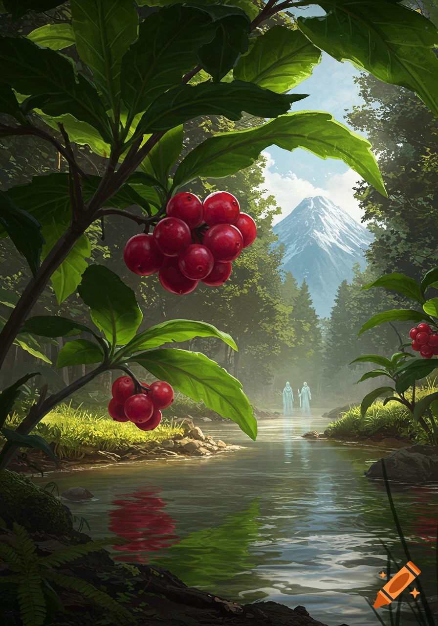 Clusters of red berries on green foliage frame a river leading to a snowy mountain. Two robed figures stand in the distant river.