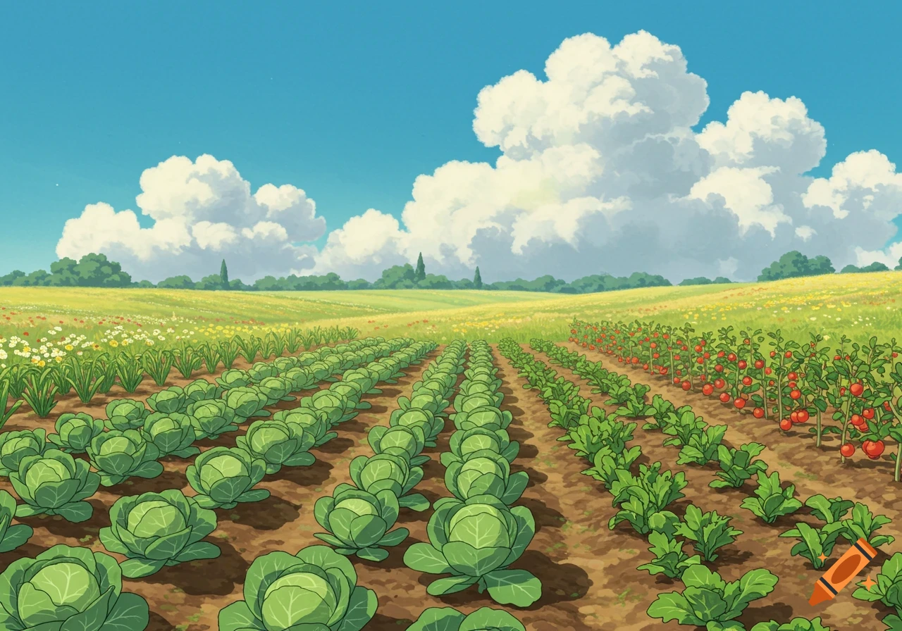 A vibrant Studio Ghibli style illustration of a farm field with rows of green cabbages and red tomatoes under a blue sky with fluffy white clouds.