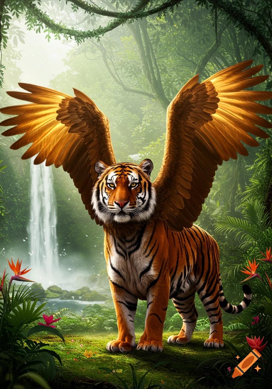 A majestic tiger with large golden eagle wings stands in a lush, misty jungle with a waterfall in the background.