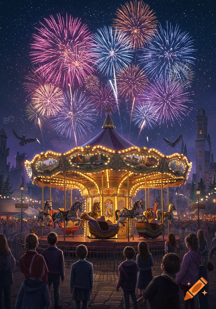 A colorful night scene at a magical amusement park with children watching a brightly lit carousel and vibrant fireworks exploding in the starry sky.