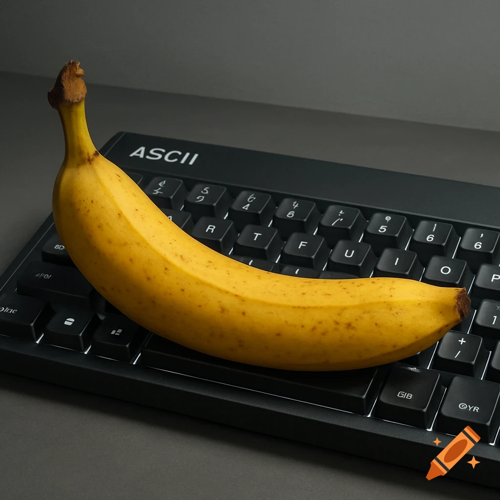 A photorealistic image of a ripe yellow banana lying diagonally across a black computer keyboard with 'ASCII' visible on it.