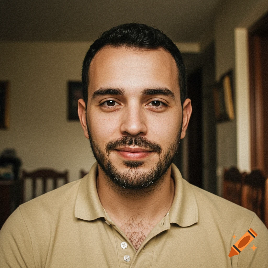 Close-up portrait of a man with a beard and short dark hair wearing a tan polo shirt, looking at the camera.