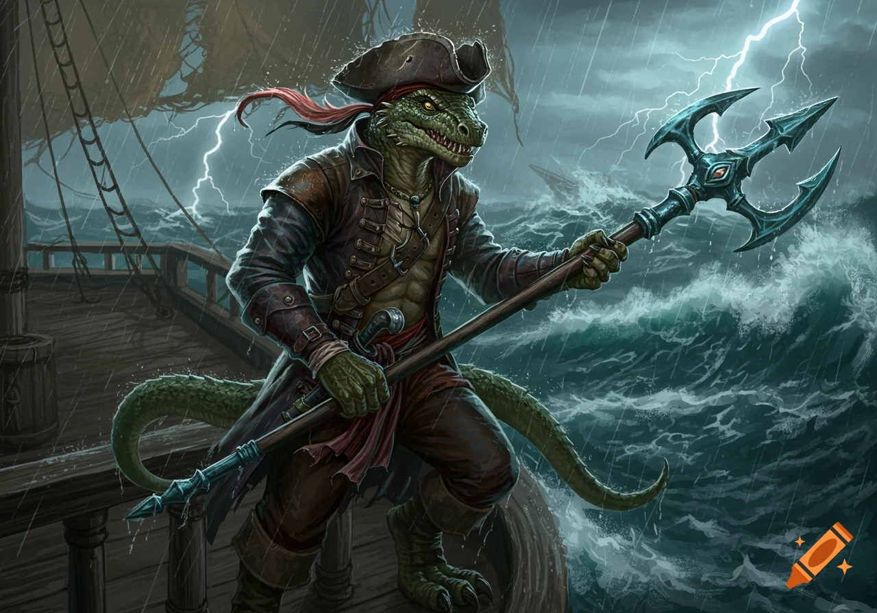 A detailed fantasy illustration of a lizardfolk pirate in a tricorn hat, holding a trident on a stormy sea.