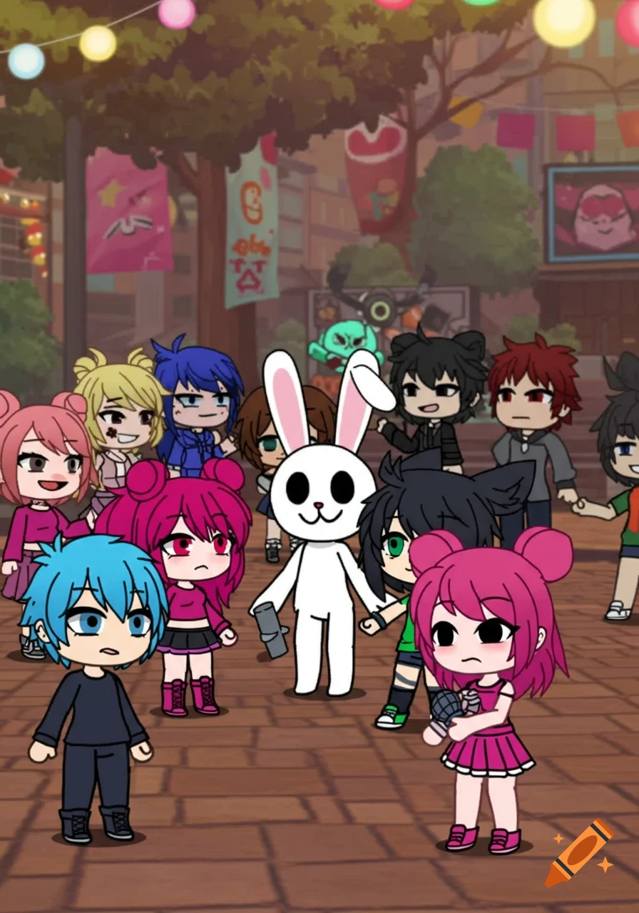A crowded cartoon scene in a Gacha Life style with diverse characters and a white bunny holding a can, outdoors with festive banners.