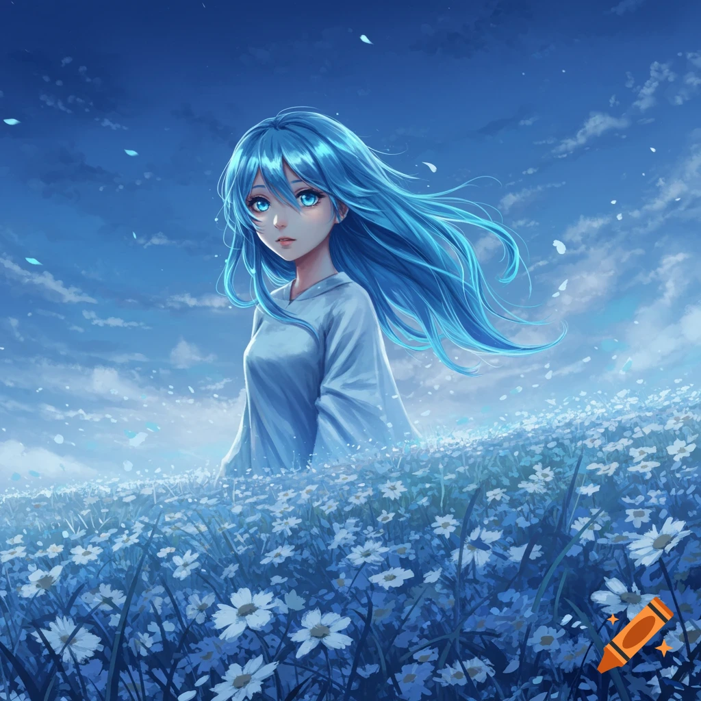 Anime girl with flowing blue hair and bright blue eyes in a white dress, standing in a field of white and blue flowers under a cloudy sky.