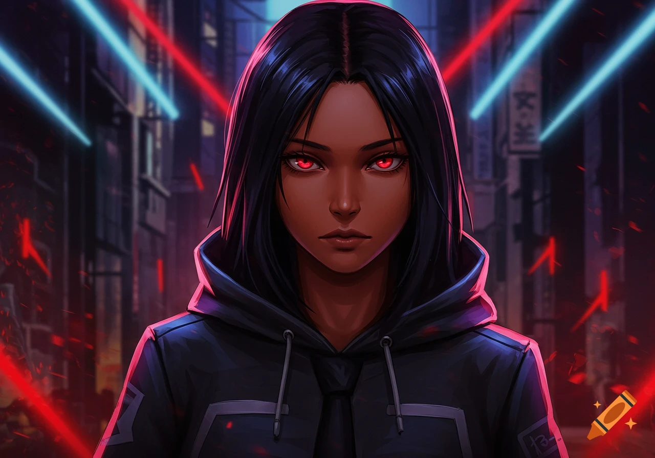 Anime-style portrait of a dark-skinned woman with red eyes and black hair, wearing a hoodie, in a neon-lit cyberpunk city.