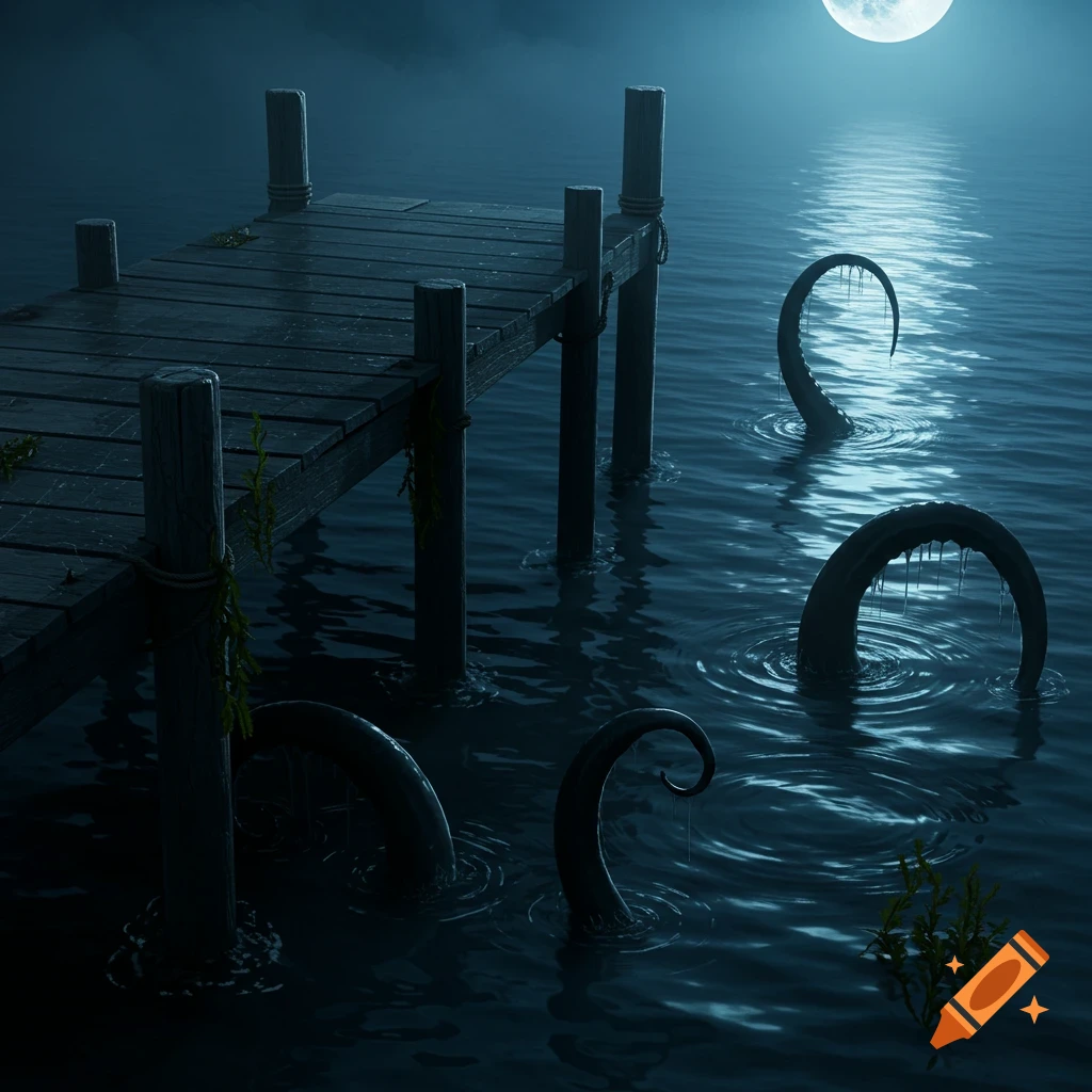 Shadowy tentacles emerge from dark water next to a wooden dock under a bright full moon at night, creating an eerie atmosphere.