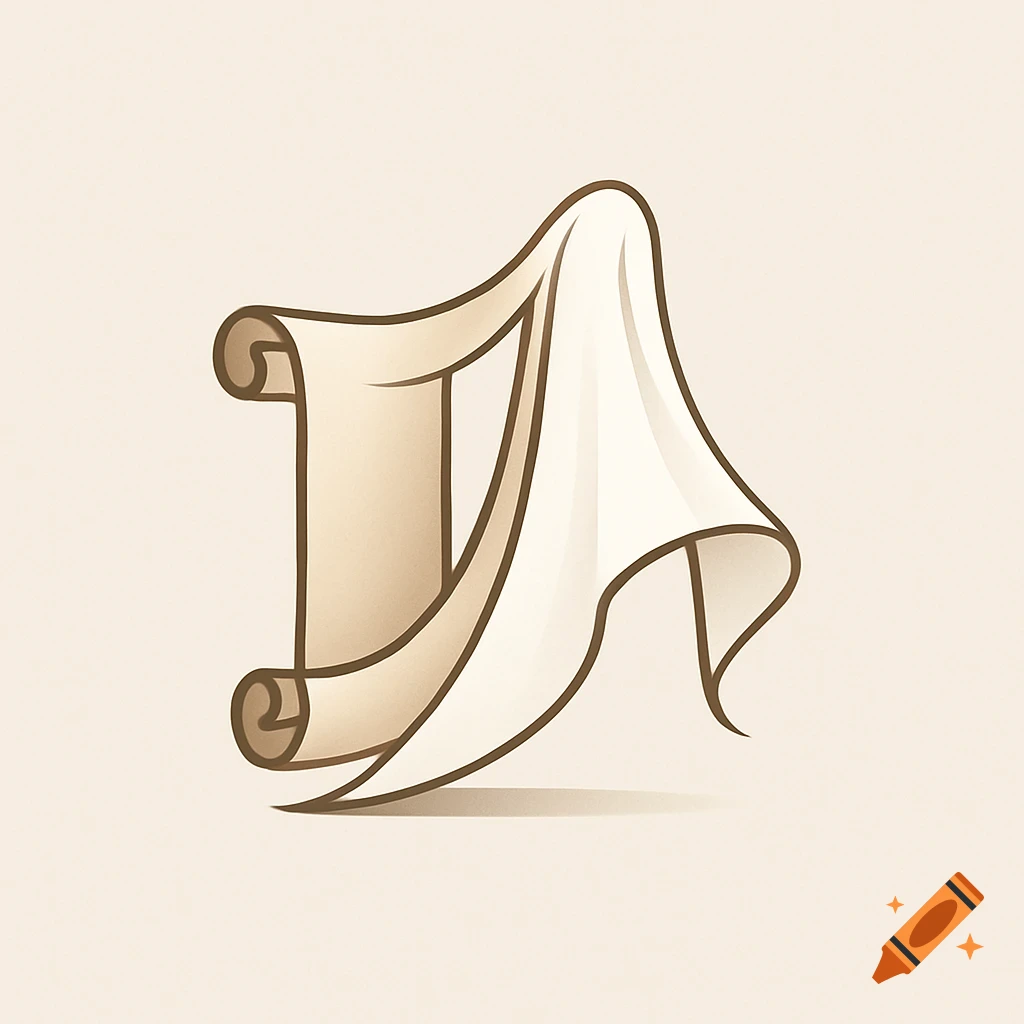 Simplistic logo of a beige papyrus scroll unfolding into a flowing white veil against a light background.