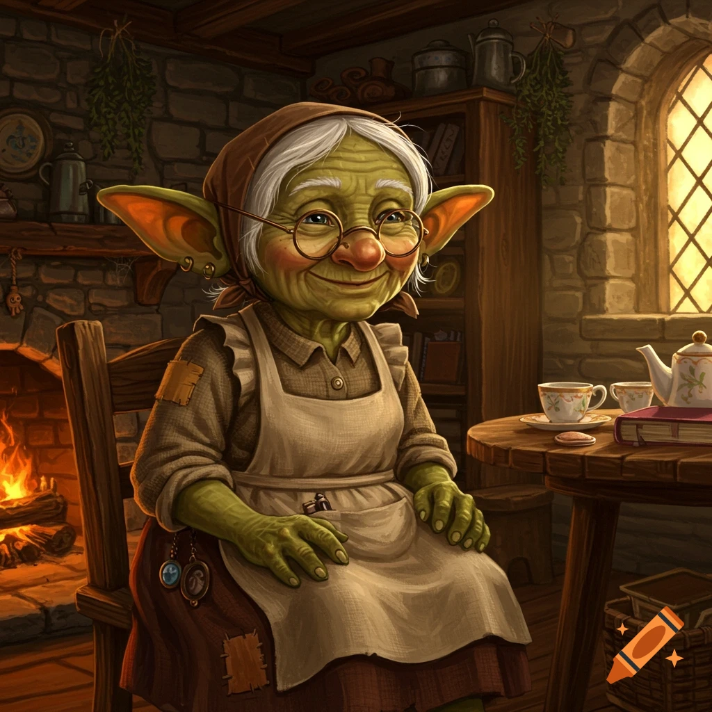 A smiling, elderly, green-skinned goblin woman with large ears and glasses, wearing an apron, sits in a cozy rustic room by a fireplace, next to a table with tea.