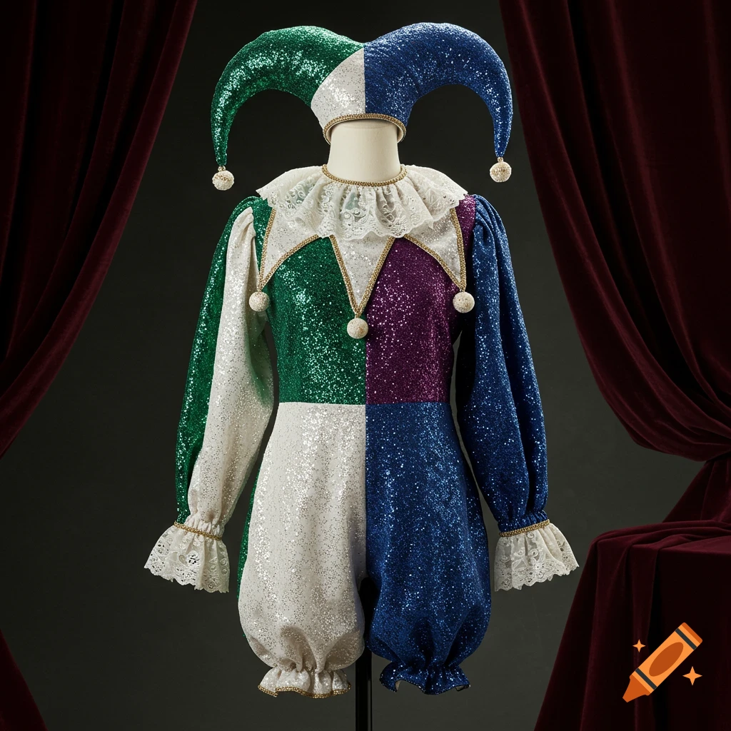 A vibrant, glittery jester costume in white, green, blue, and purple fabric on a mannequin against a dark background with red velvet curtains.