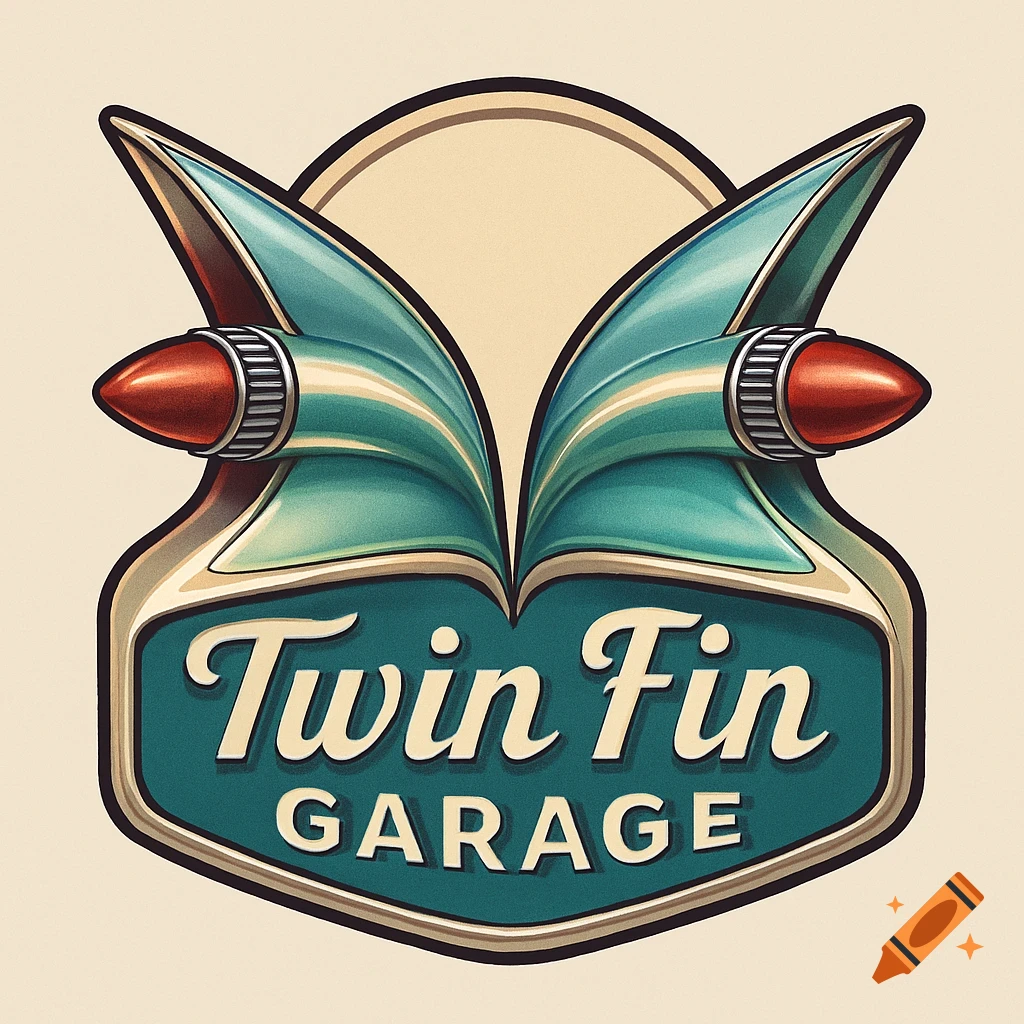 Vintage-style logo for 'Twin Fin Garage' with teal car tailfins, red bullet taillights, and cream text.