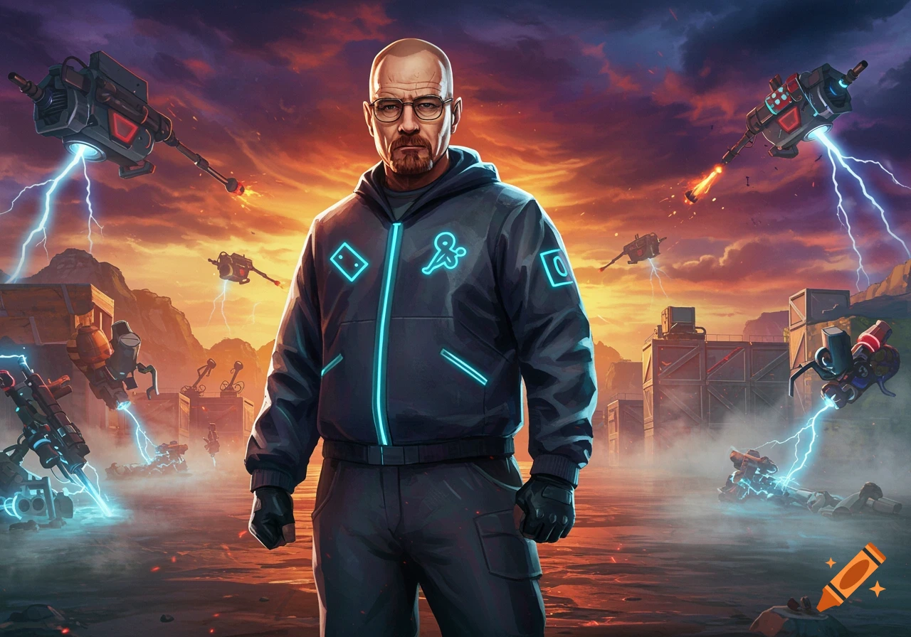A bald man resembling Walter White in a glowing futuristic jacket stands in a battle-scarred Fortnite-like landscape with flying weapon drones and lightning.