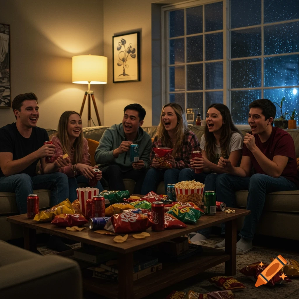 A photorealistic image of six laughing young adults watching TV and eating junk food in a cozy living room on a rainy night.