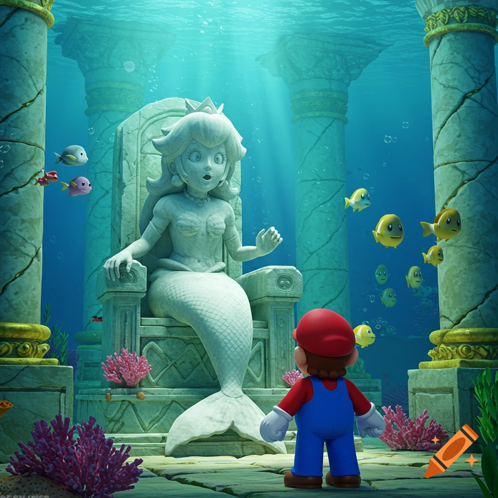 Mario looks at a surprised marble mermaid statue of Princess Peach on a throne in an ancient, sunlit underwater temple with fish.