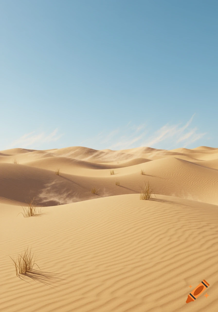 Rolling sand dunes and sparse dry grass under a clear blue sky in a desert landscape.