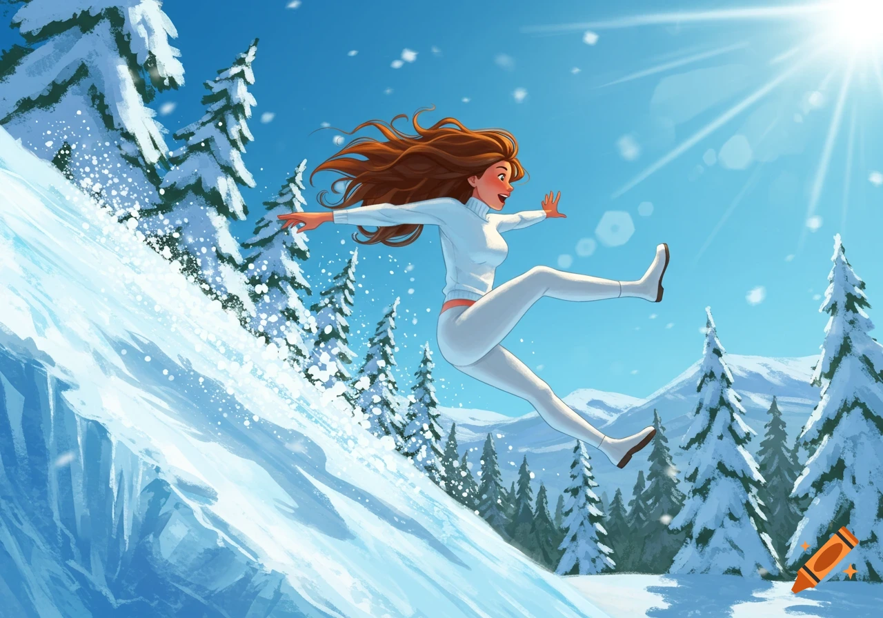 A smiling woman with long brown hair, wearing white winter clothes, joyfully slides down a snowy, icy hill with pine trees under a sunny blue sky, cartoon style.