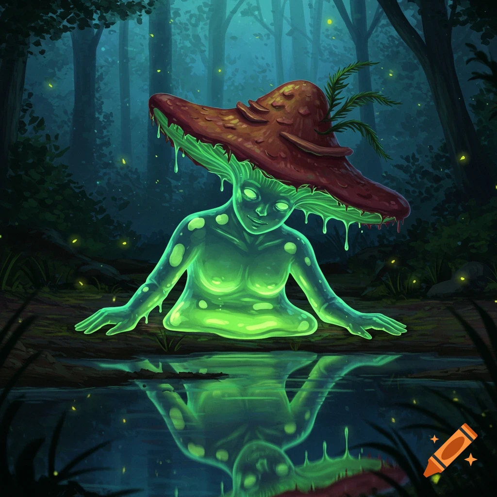 Glowing green humanoid creature with a red mushroom hat sits by a pond, reflecting in a dark, firefly-lit forest, digital art.