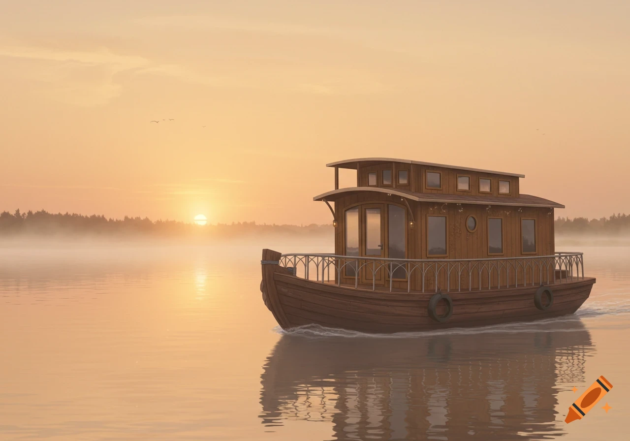A wooden houseboat floats on a tranquil, misty lake at sunset, with trees on the horizon.