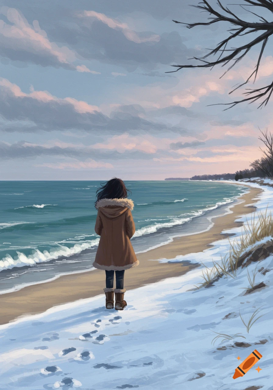 An illustrated view from behind a person in a brown coat and boots, standing on a snowy beach next to the ocean under a cloudy sky.