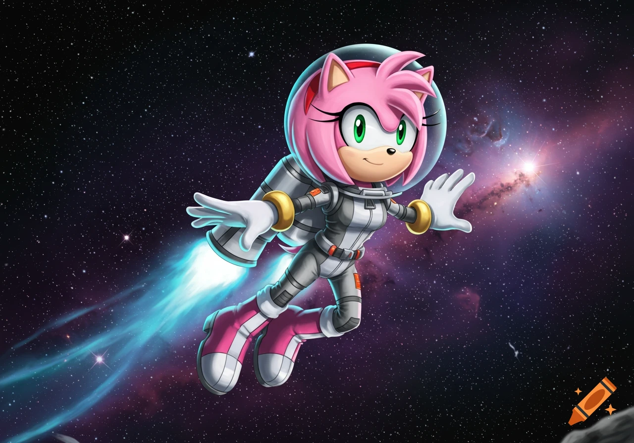 Amy Rose in a spacesuit flies through deep space with a jetpack, rendered in a colorful cartoon style.