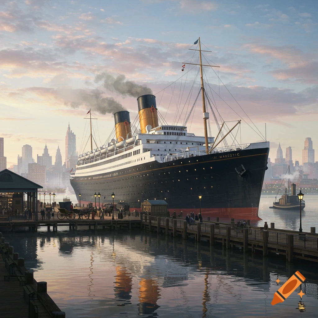 A grand, dark-hulled ocean liner with two large yellow-topped smokestacks docked at a bustling pier in a city at sunset, with a tugboat nearby.