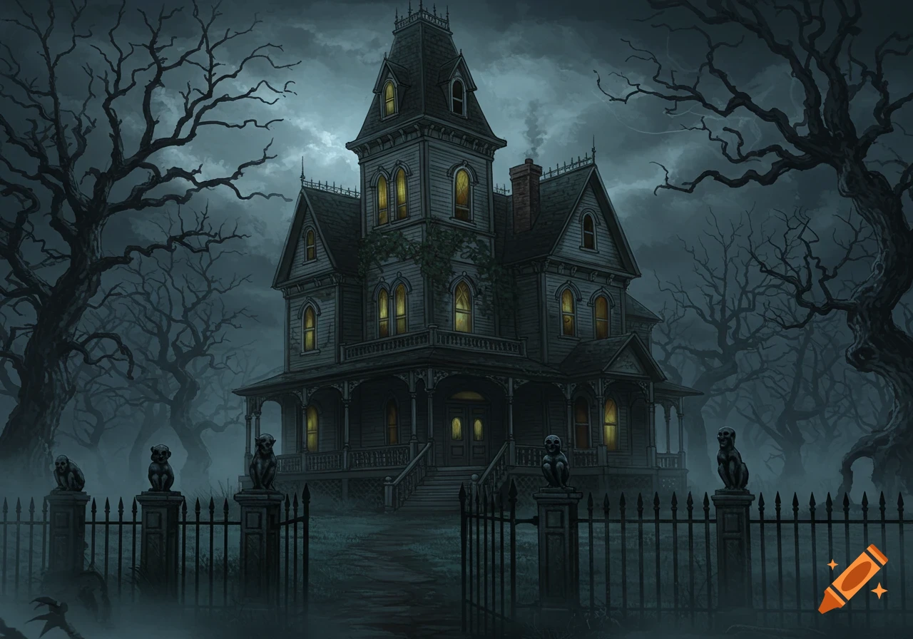A creepy Victorian haunted house stands under a dark, cloudy sky, surrounded by gnarled, bare trees and a misty foreground.