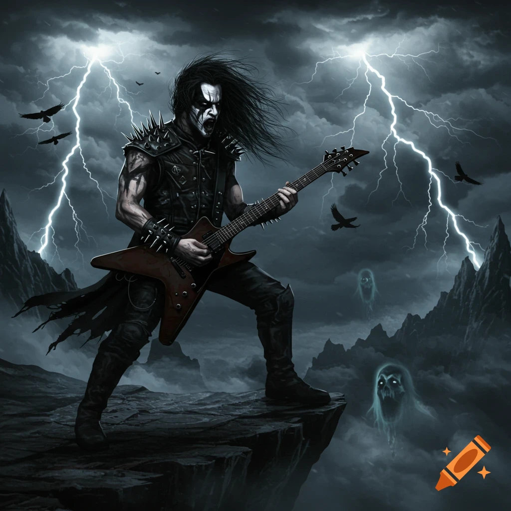 A black metal musician with corpse paint and studded leather plays an electric guitar on a stormy mountain cliff with lightning and ghostly figures.