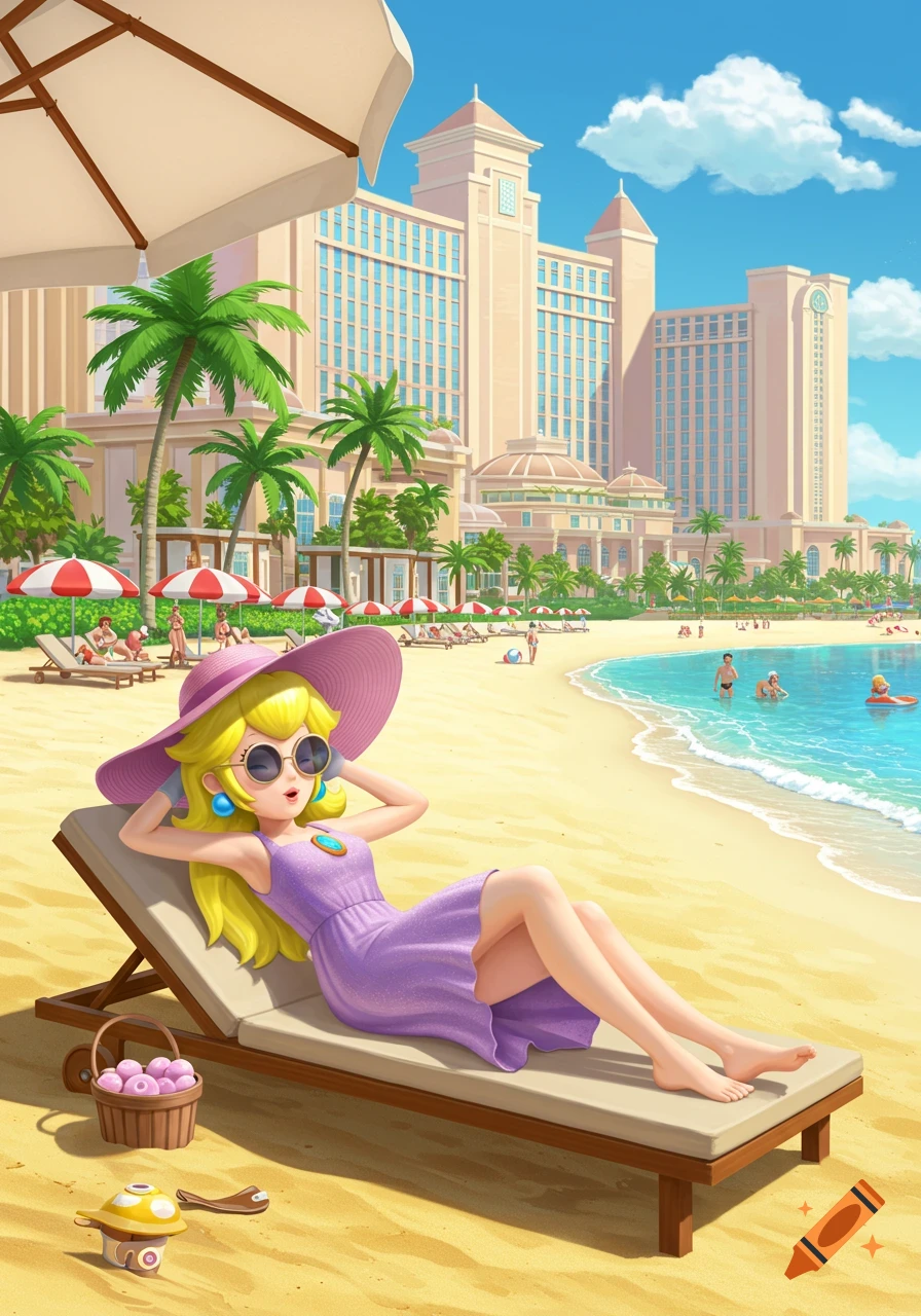 Princess Peach relaxes on a beach lounge chair under an umbrella at a sunny resort, with clear blue water and palm trees in the background.