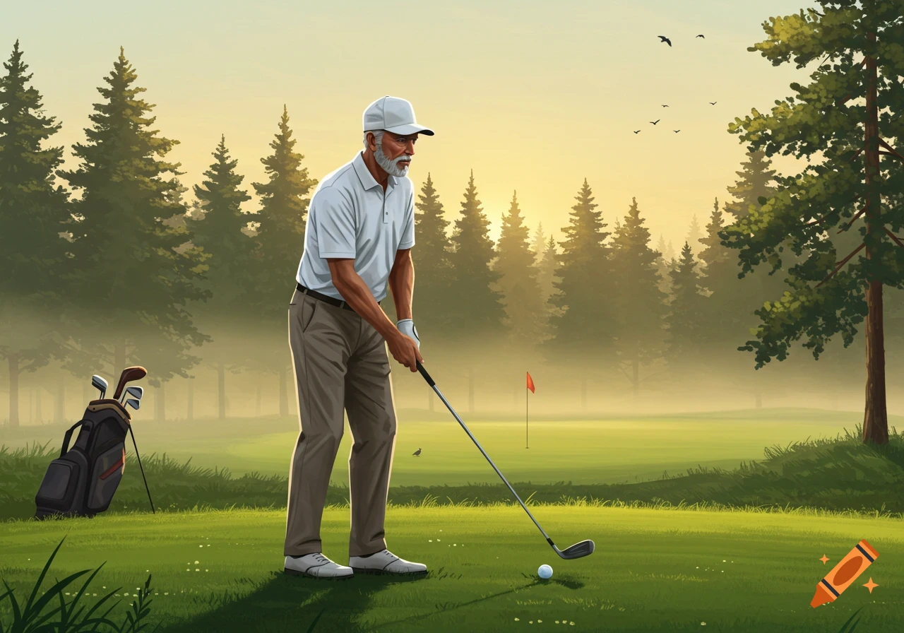 An older male golfer in a white polo shirt and cap prepares to hit a golf ball on a lush green course with a misty forest background at sunrise.