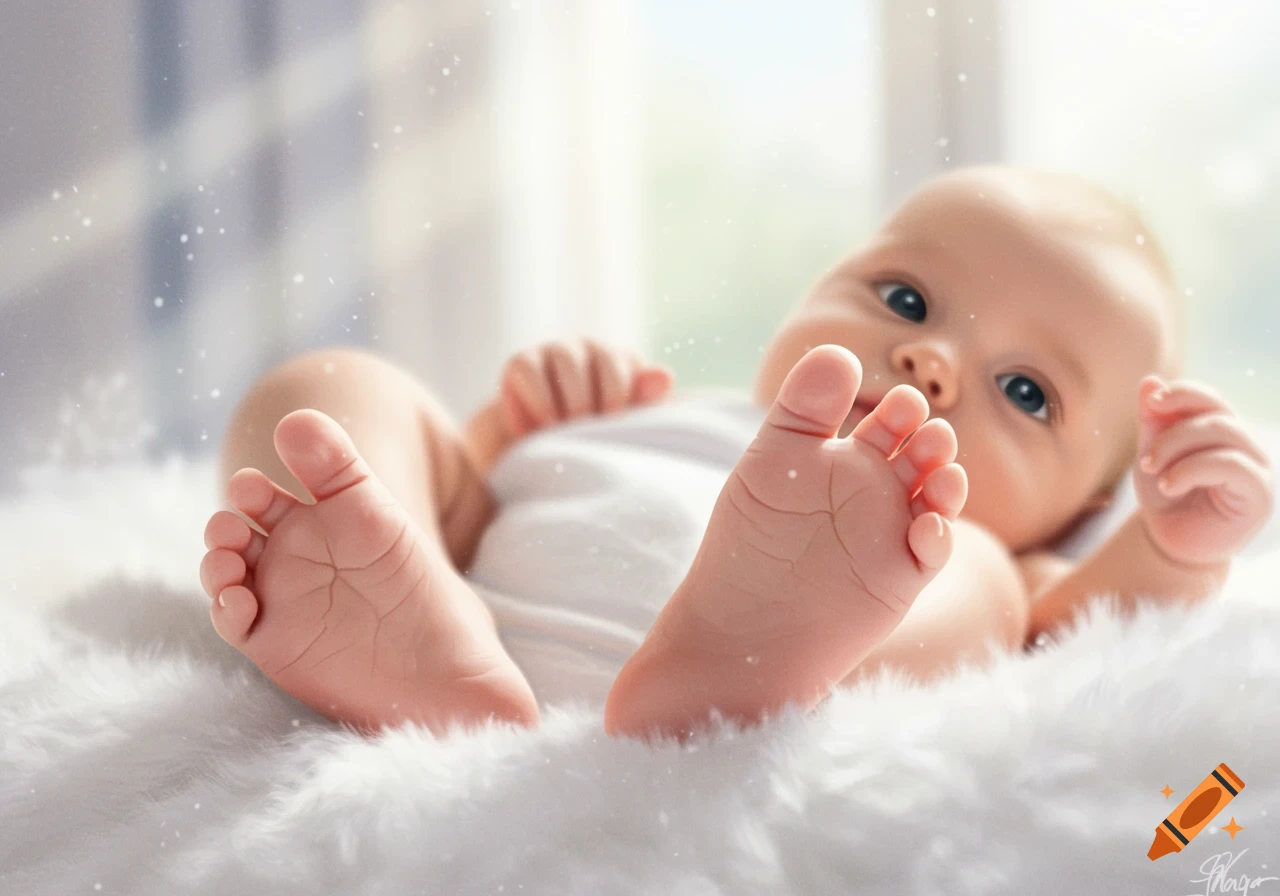 A sweet baby lies on a white furry blanket, looking up at the viewer with big blue eyes, its feet in the foreground.