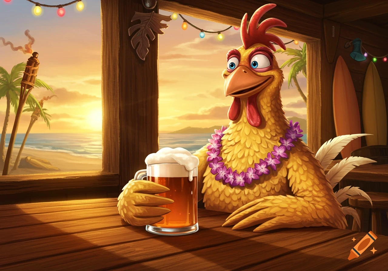A cartoon chicken with a lei holds a pint of beer at a beach bar during sunset.