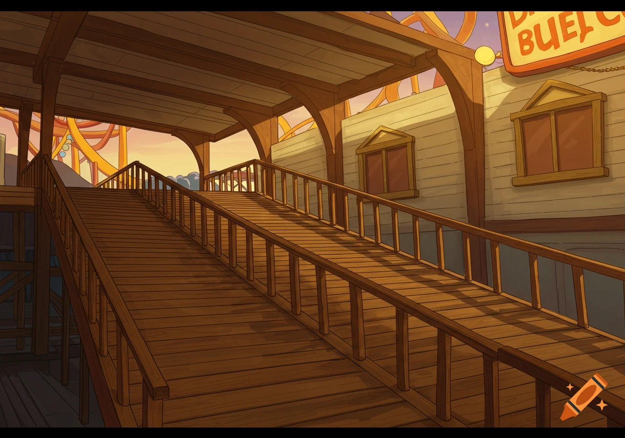 Cartoon-style image of a long wooden ramp leading up to an amusement park building at sunset.