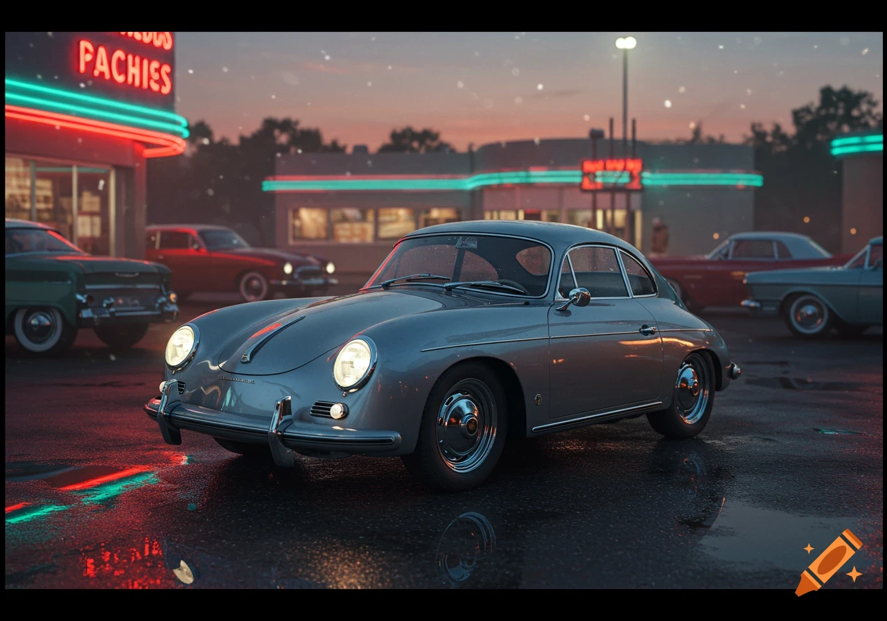A grey vintage Porsche 356 parked on a wet street outside a diner with neon signs at dusk.