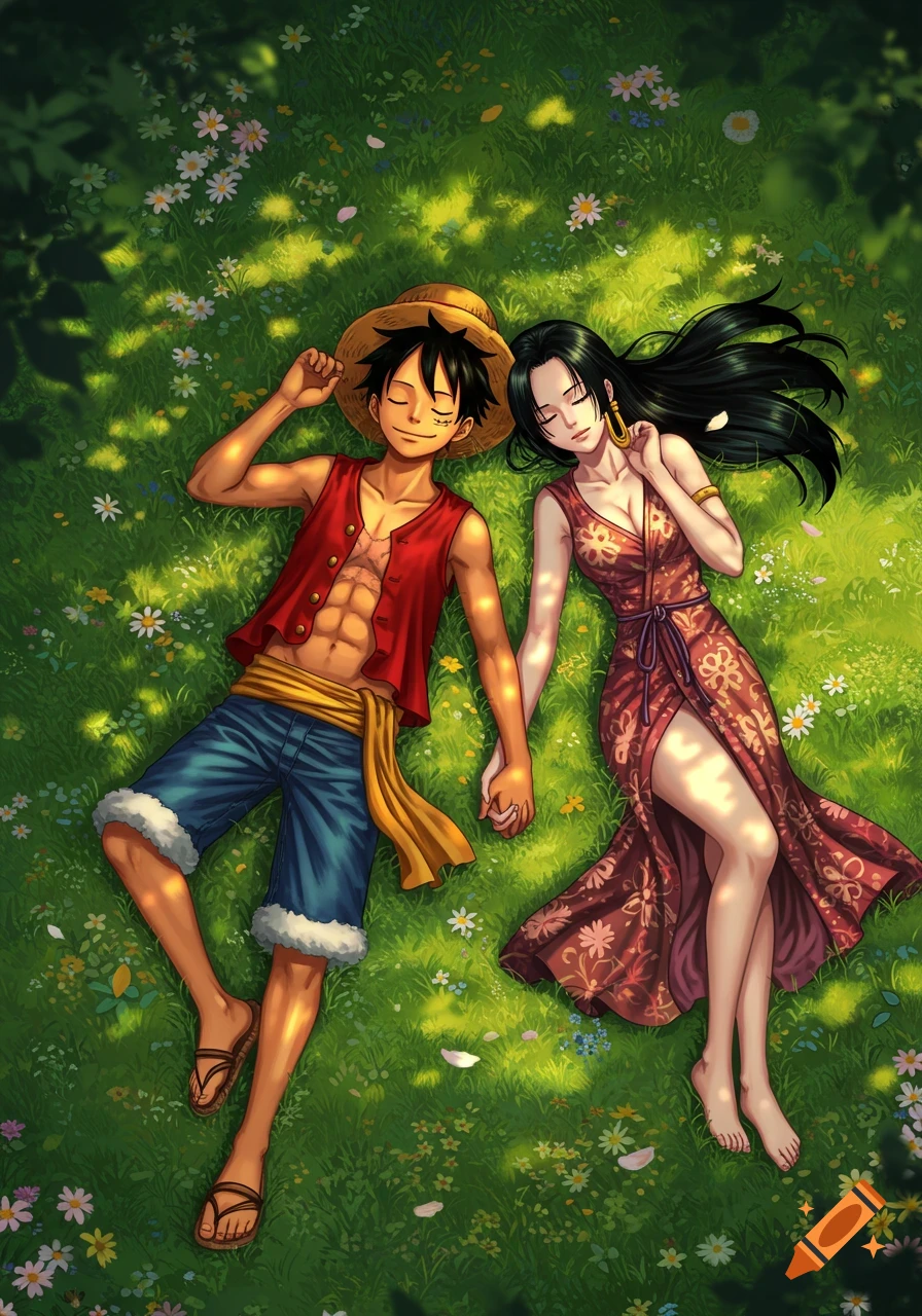Luffy and Hancock from One Piece lie on their backs in a sunny, flower-filled grassy field, holding hands. Luffy wears a straw hat and red vest, Hancock a floral dress.
